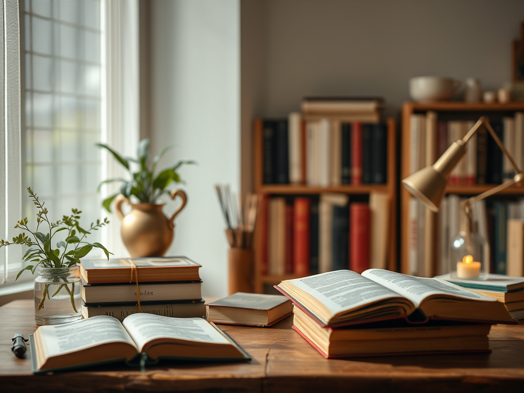 Уютный рабочий стол с книгами, растениями и настольной лампой в комнате с книжными полками.