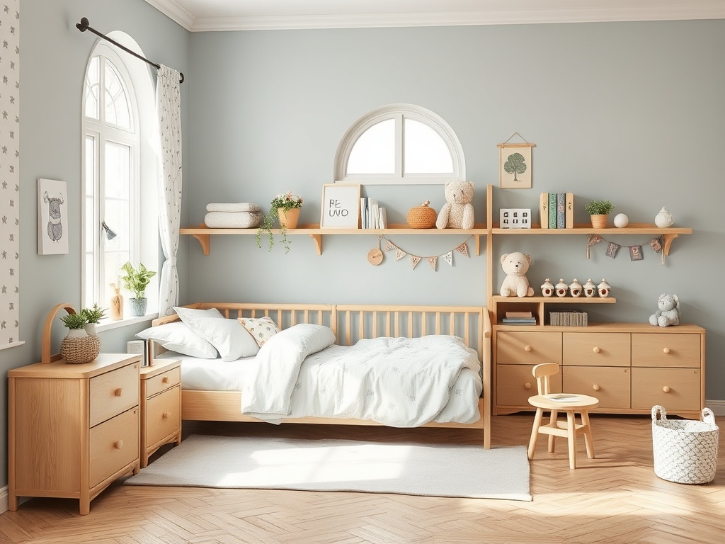 Светлая детская комната с деревянной мебелью, кроватью, полками и игрушками на стенах. Уютная атмосфера.