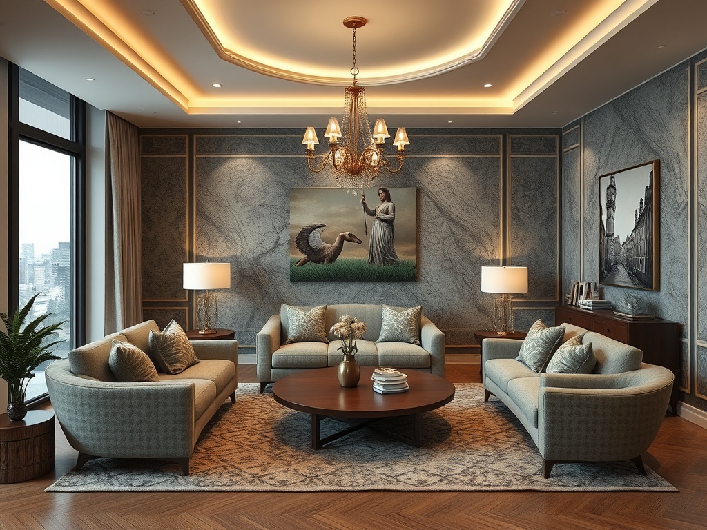 Современная гостиная с уютной мебелью, картинами на стенах и большими окнами с городским пейзажем.