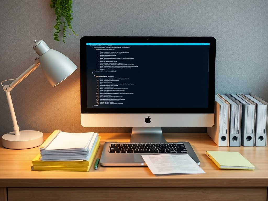 На столе стоит компьютер Apple, светильник, стопки бумаги и папки, создавая атмосферу рабочего пространства.