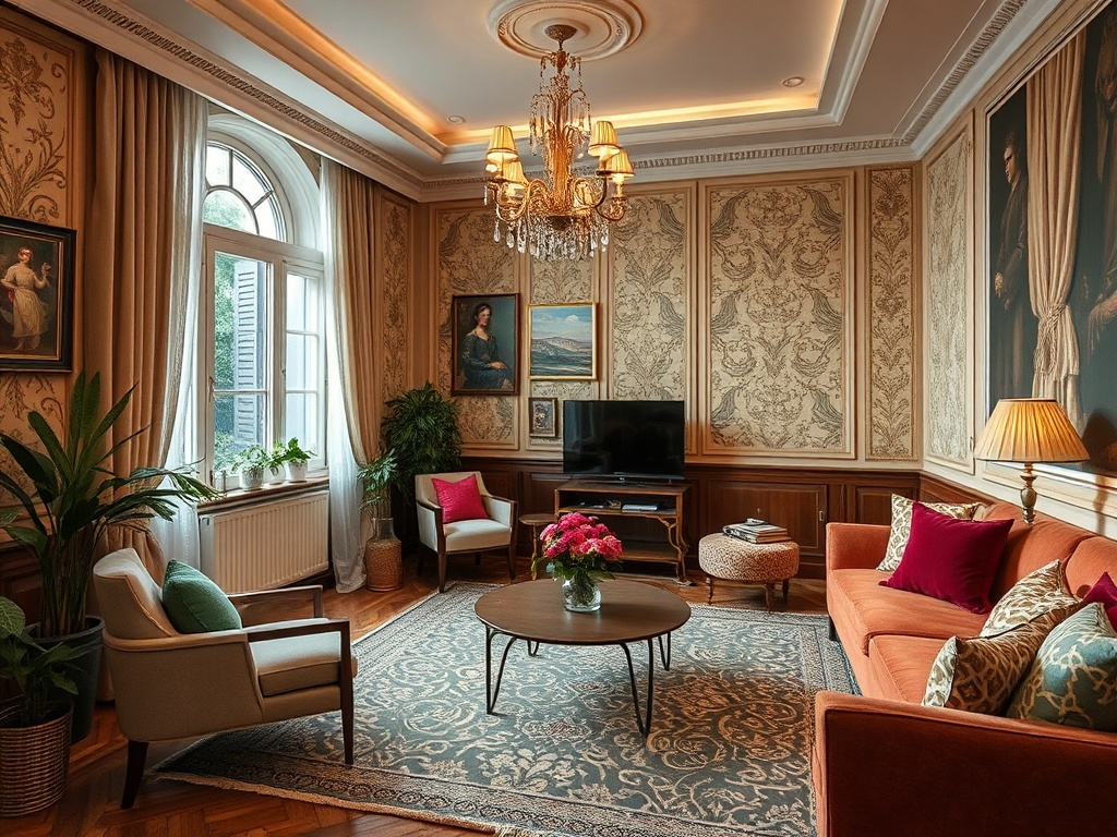 Уютная гостиная с мягкой мебелью, картинами на стенах и огромным окном, свежими цветами на столе.