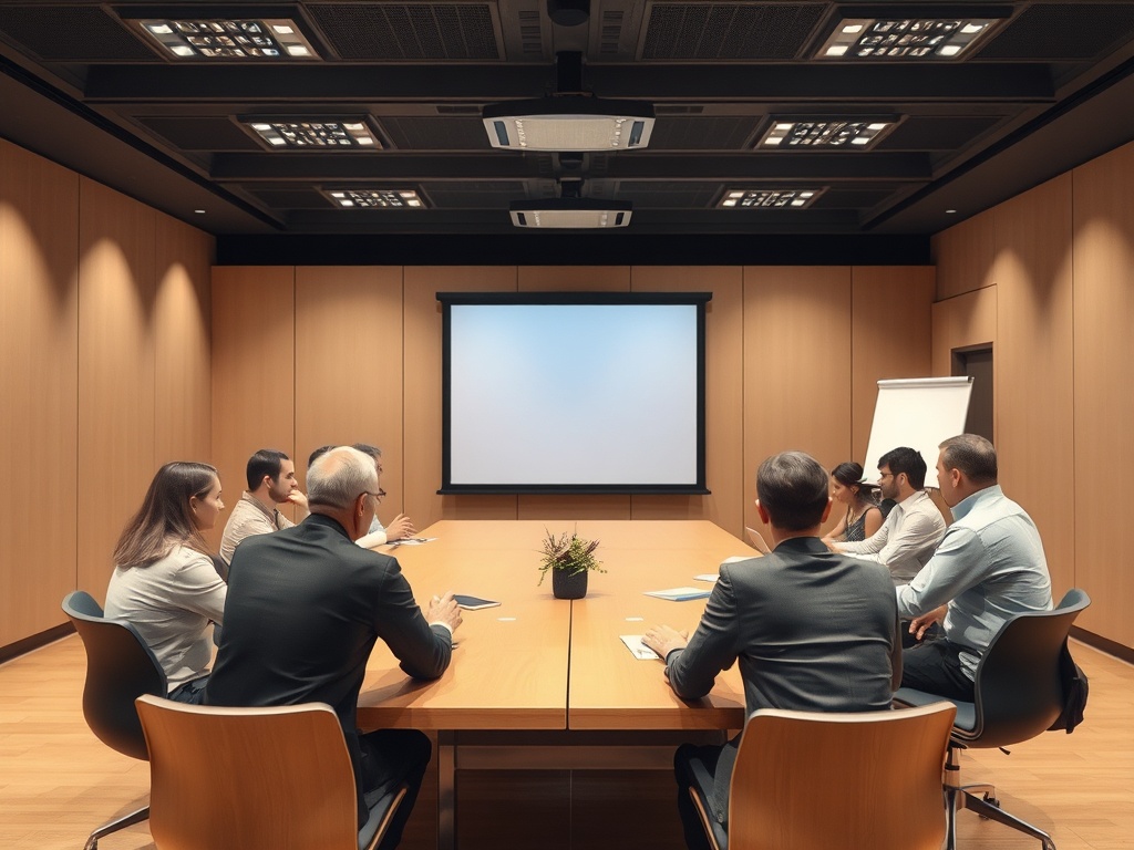 В конференц-зале собраны люди за столом, перед ними проектор и листы бумаги. Обстановка деловая.