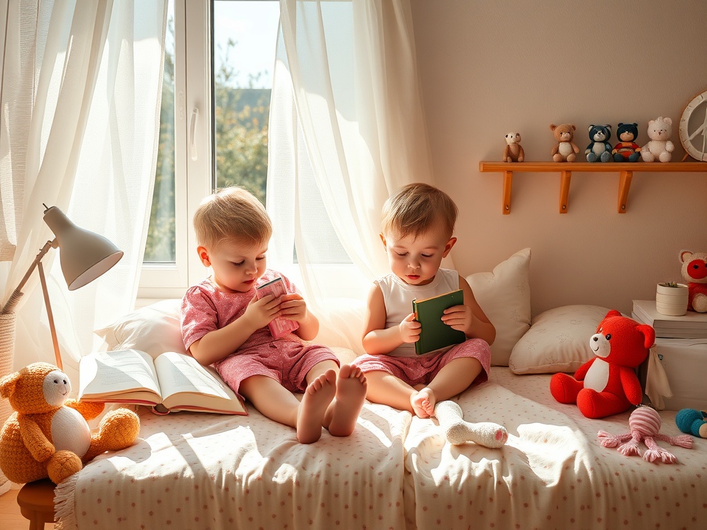 Два маленьких ребенка читают книги на кровати, окруженные игрушками и мягким светом солнечного дня.